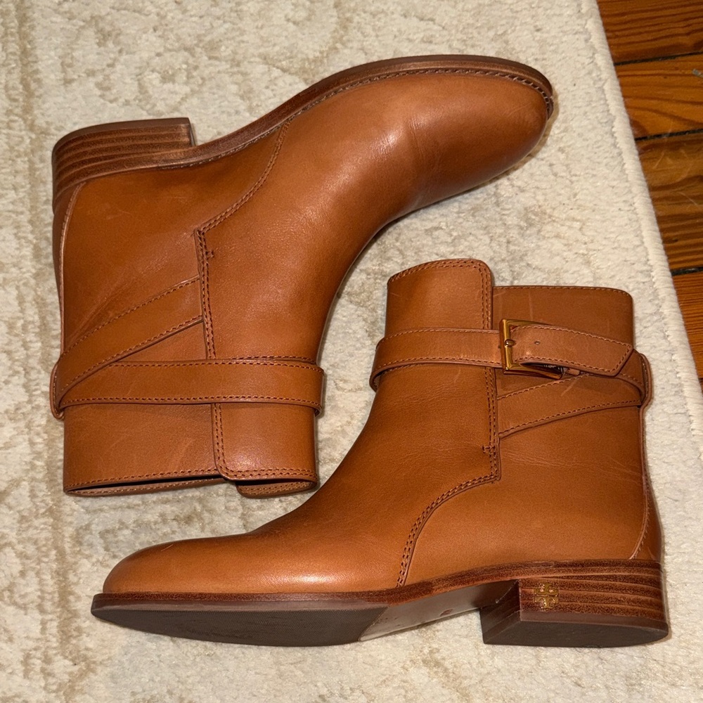 Tory Burch Cognac Leather Ankle Boots with Gold Hardware